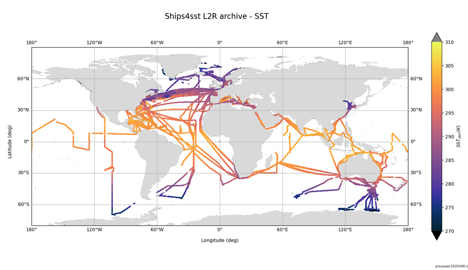 The ships4sst data archive L2R files plotted as SST on a world map, May 2025 